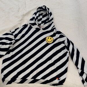 Aviator Nation Black & White Diagonal Stripe Hoodie with Yellow Smile Patch